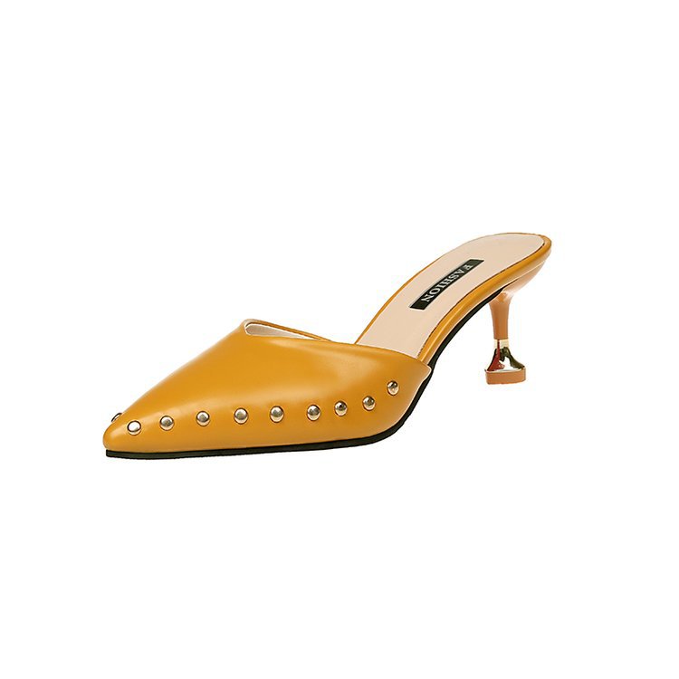 Summer One word Baotou Sandals With Pointed Toe Rivets And Semi trail Stiletto High Heels Yellow - Shop at LoveMi