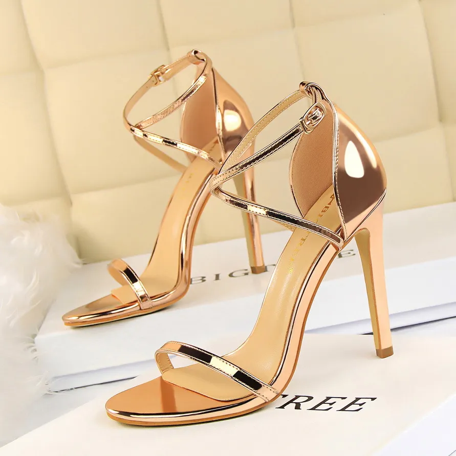 Sexy Cross Buckle Patent Leather Thin Strap Fairy High Heels - Champagne 8Cm-37