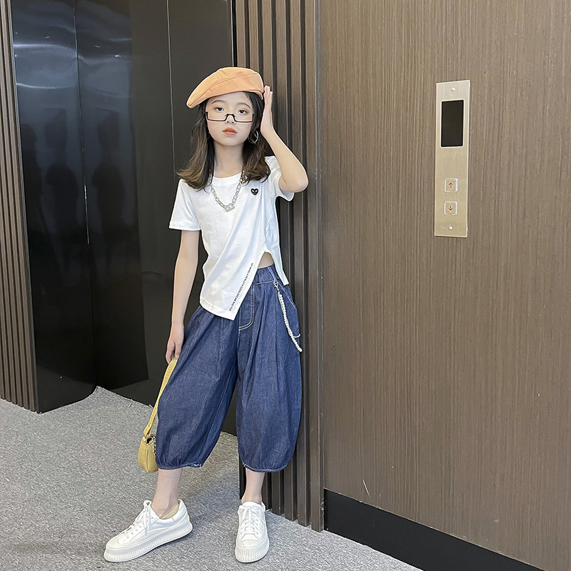 Casual Looking Thin Trend Denim Bloomers T-shirt Two-piece Suit