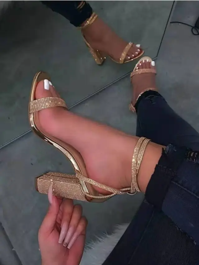 Rhinestone Chunky Heel Buckle Sandals Gold - Shop at LoveMi