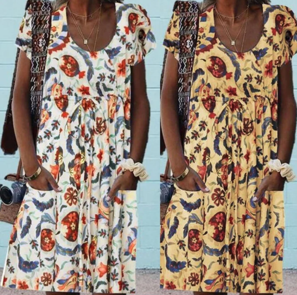 Casual Printed Mid-length Patch Pocket Dress