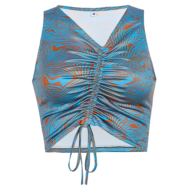 Title 2, Printed Drawstring Strap Pleated Halterneck Vest