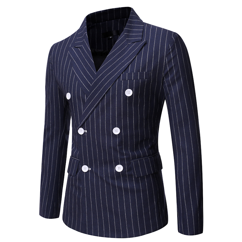 Autumn And Winter New Men's Striped Casual Double-breasted Gun Collar Suit