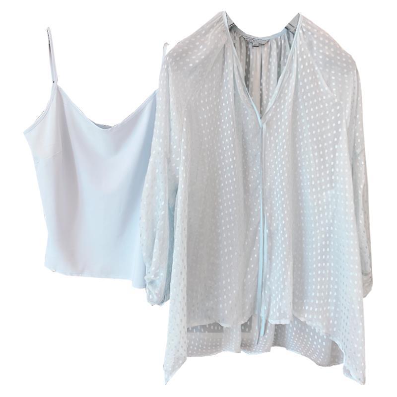 Title 1, Water Blue Lantern Sleeve Burnt-out Silk Top Tw...