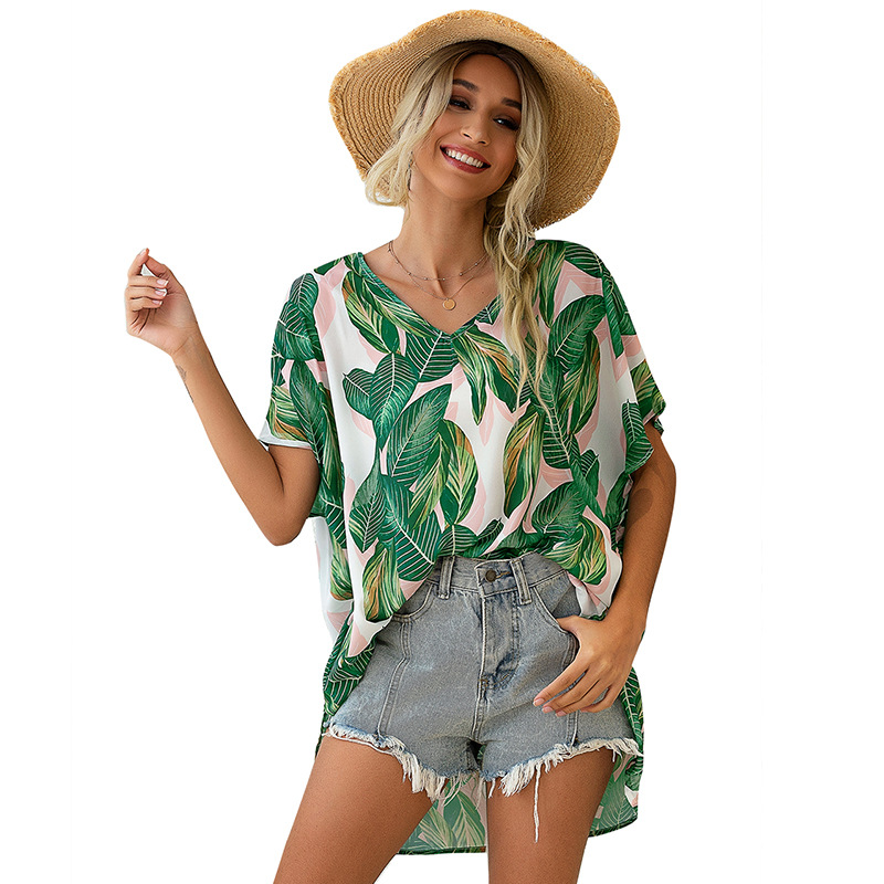Top Women's Summer V-neck Printed Chiffon Shirt