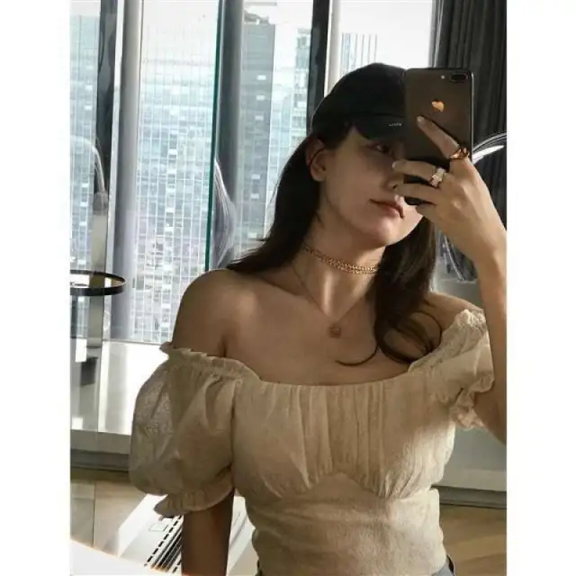 Floral Shirt Women Short Sleeve Short Puff Sleeve Square Collar Clavicle Top Apricot - Shop at LoveMi
