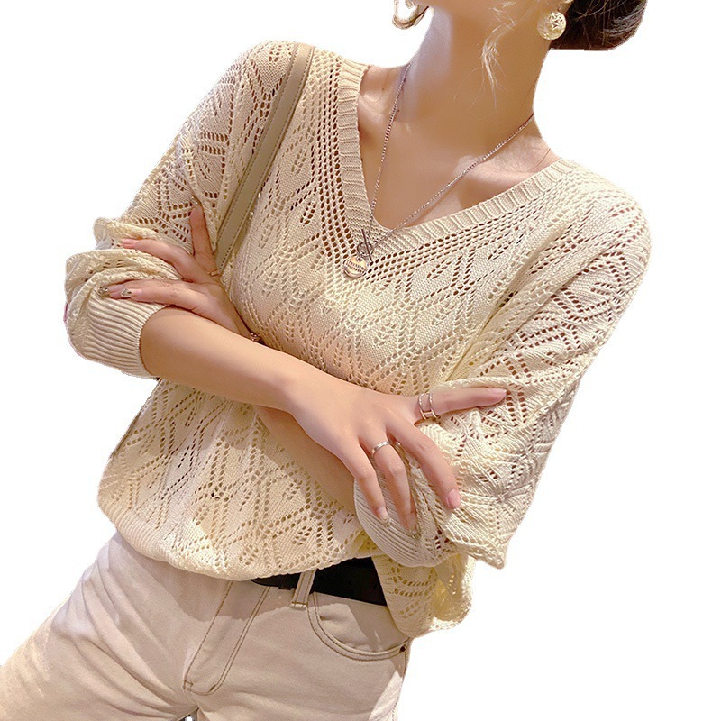 V-neck Crochet Hollow Knit Sweater Blouse Women's Long-sleeved Thin Section