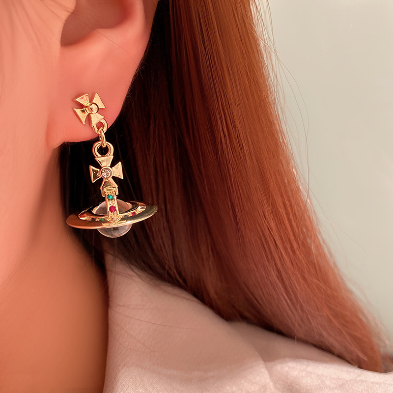 Gold Inlaid Color Pickaxe Stone Earth Planet Earrings Classic Crystal Ball Earrings