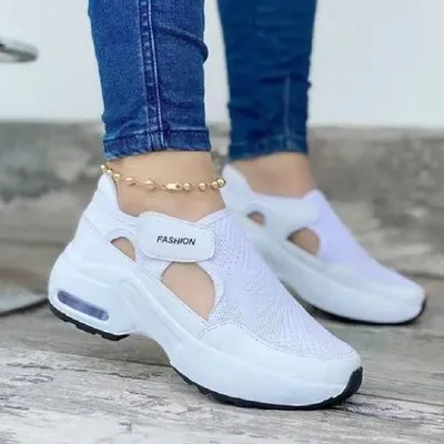 Large Size Thick Bottom Wedge Heel Velcro Casual Shoes Breathable Sneakers Women White - Shop at LoveMi