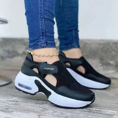 Large Size Thick Bottom Wedge Heel Velcro Casual Shoes Breathable Sneakers Women Black - Shop at LoveMi