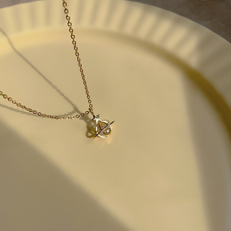 Titanium Steel Zircon Planet Short Necklace Women