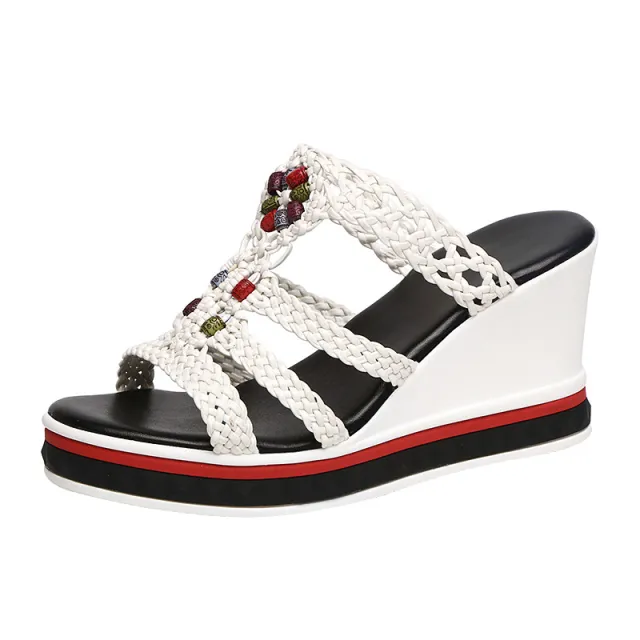 New Outdoor Wedge With Flip Flops Bohemian Woven Women's Sandals White - Shop at LoveMi