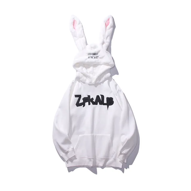 Cute Retro Style Hooded Sweater With Plush Rabbit Ears Embroidery White - Shop at LoveMi