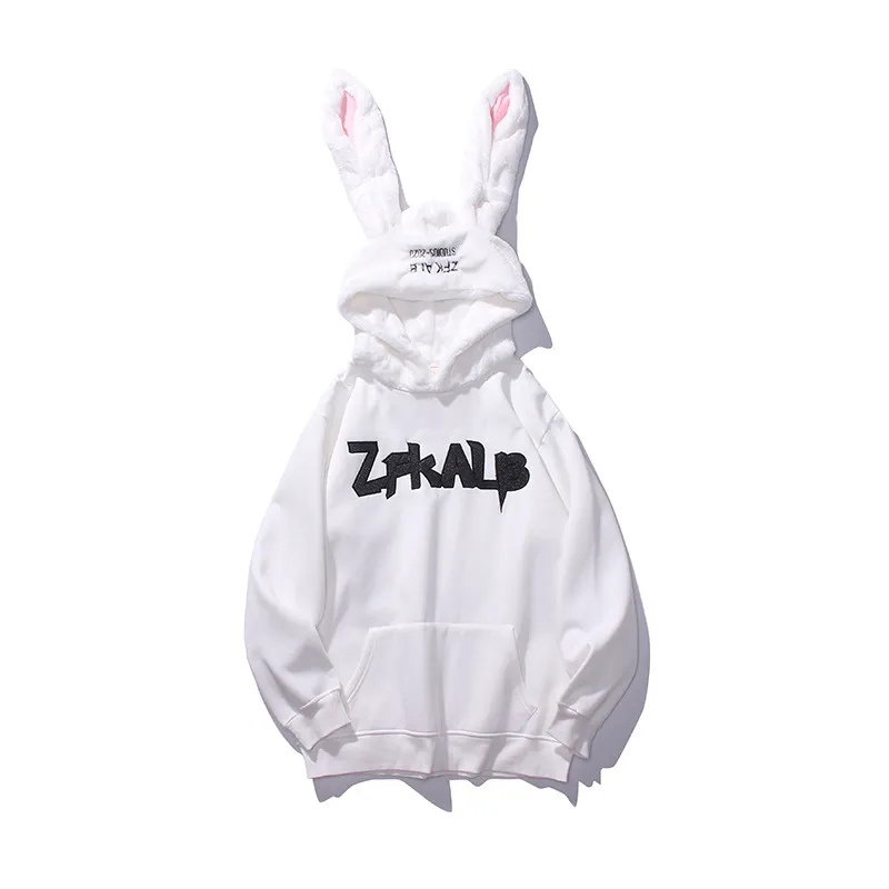 Cute Retro Style Hooded Sweater With Plush Rabbit Ears Embroidery - White
