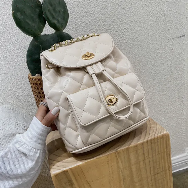 Lingge Chain Backpack Women's Trendy Drawstring Small Backpack Beige - Shop at LoveMi