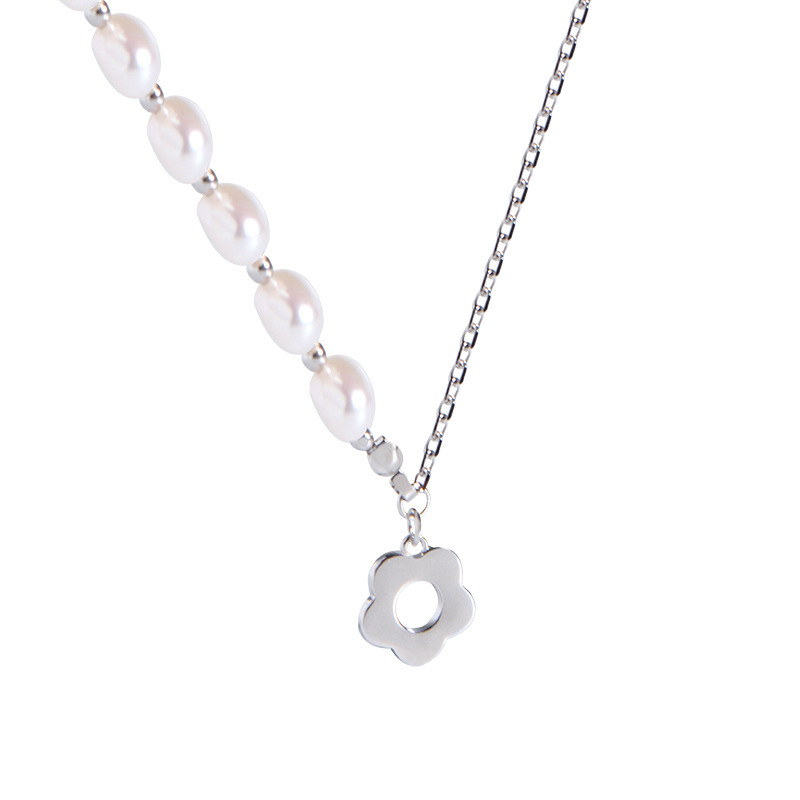 Flower Pearl Asymmetric S925 Sterling Silver Necklace