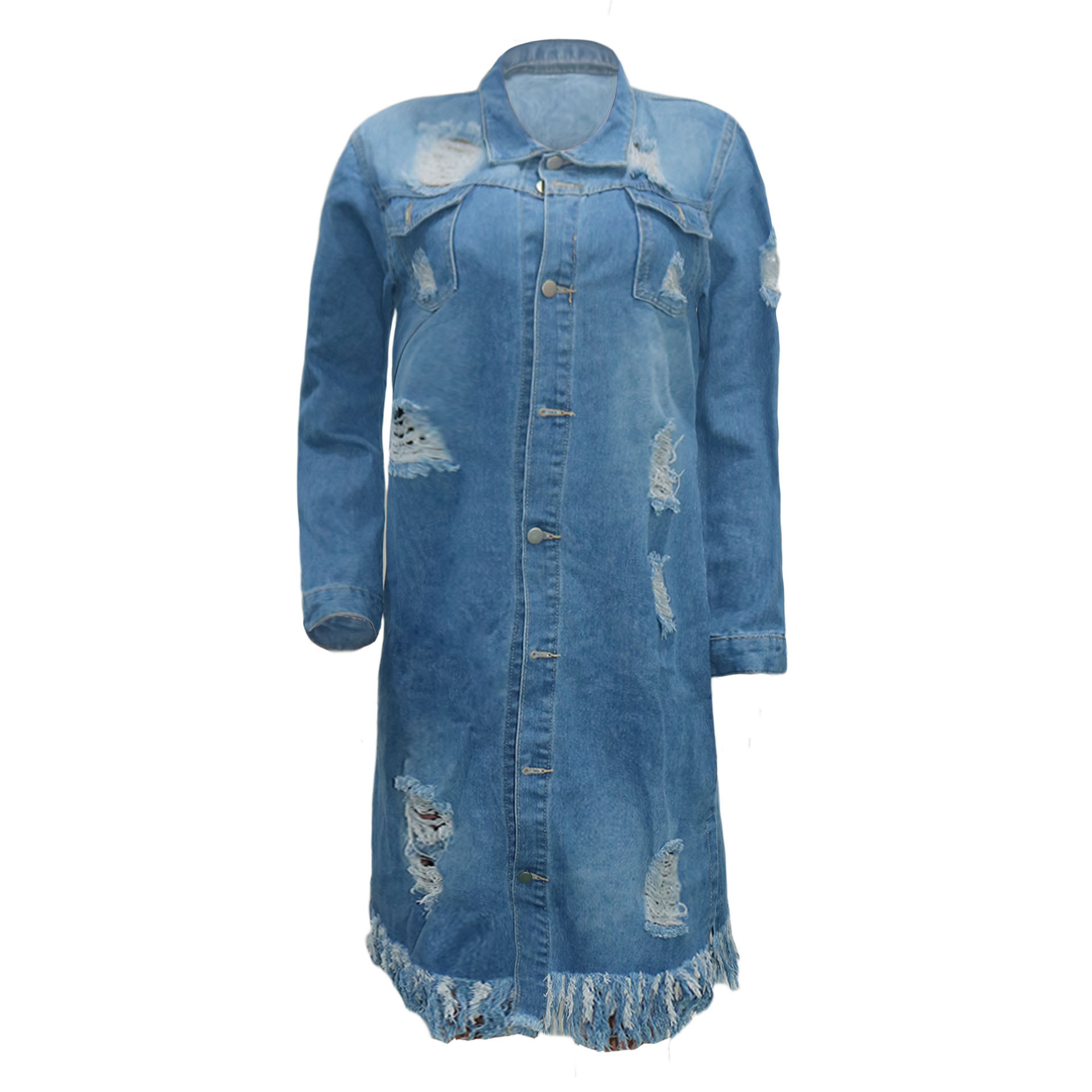 Dark Blue Fashion Casual Solid Ripped Turndown Collar Long Sleeve Straight Denim