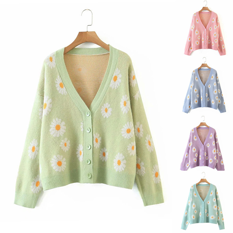 New Style Loose Sweet Daisy Knitted Cardigan For Autumn And Winter In Europe And America