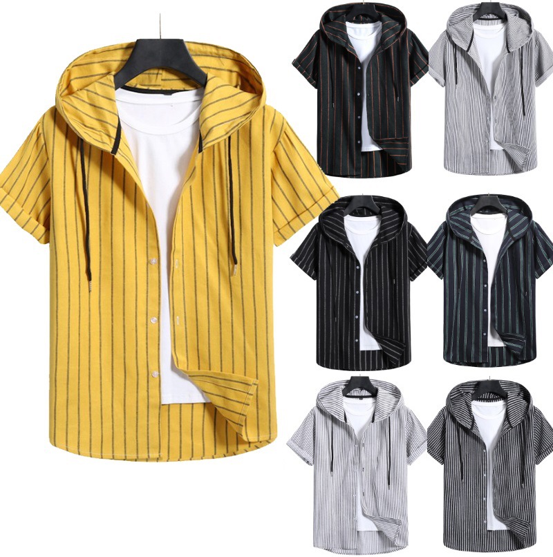 Casual Hooded Striped Short-Sleeved Color-Block Printing Fashion Youth Shirt