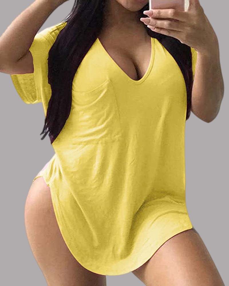 Amazon Solid Color V-neck Plus Size T-shirt In Stock