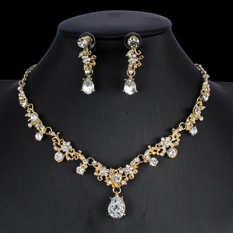 Golden Zircon Jewelry Set Bridal Necklace Earrings