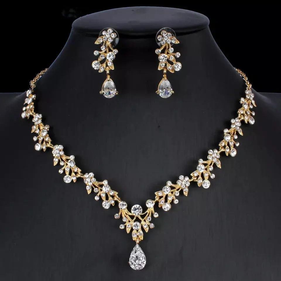 Golden Zircon Jewelry Set Bridal Necklace Earrings