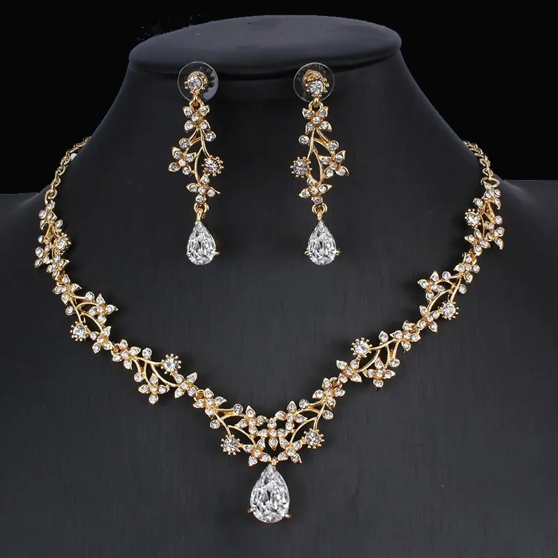 Golden Zircon Jewelry Set Bridal Necklace Earrings Wedding Two-piece