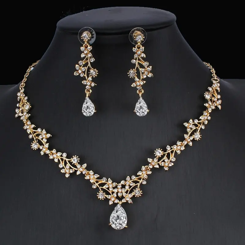 Golden Zircon Jewelry Set Bridal Necklace Earrings