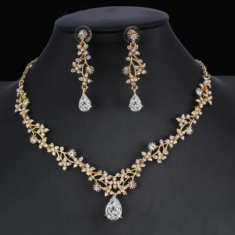 Golden Zircon Jewelry Set Bridal Necklace Earrings Wedding Two-piece