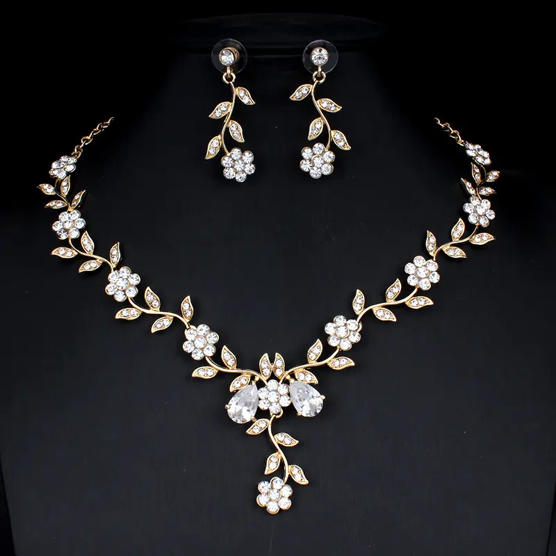 Golden Zircon Jewelry Set Bridal Necklace Earrings