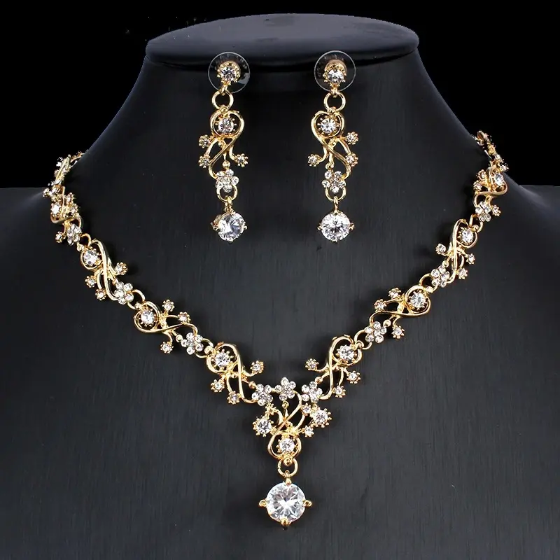 Golden Zircon Jewelry Set Bridal Necklace Earrings