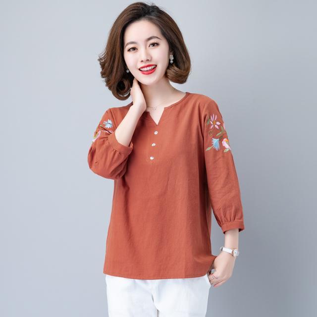 Title 3, Cotton And Linen Three-quarter Sleeve T-shirt W...