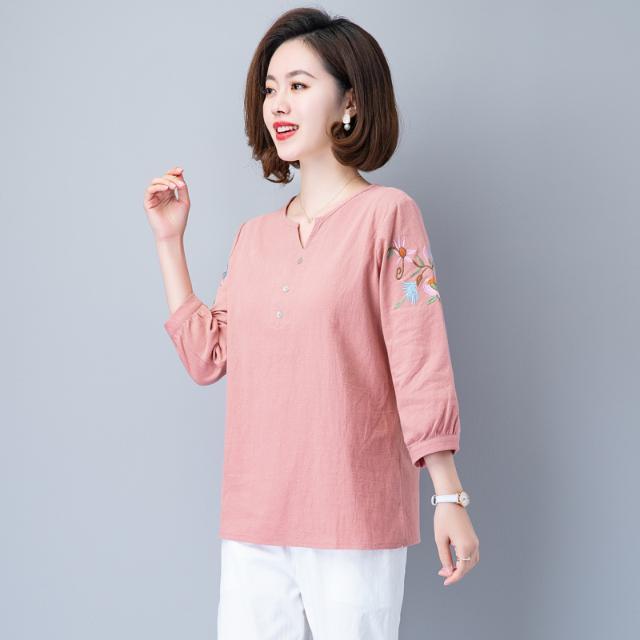 Title 2, Cotton And Linen Three-quarter Sleeve T-shirt W...