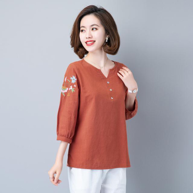 Title 4, Cotton And Linen Three-quarter Sleeve T-shirt W...