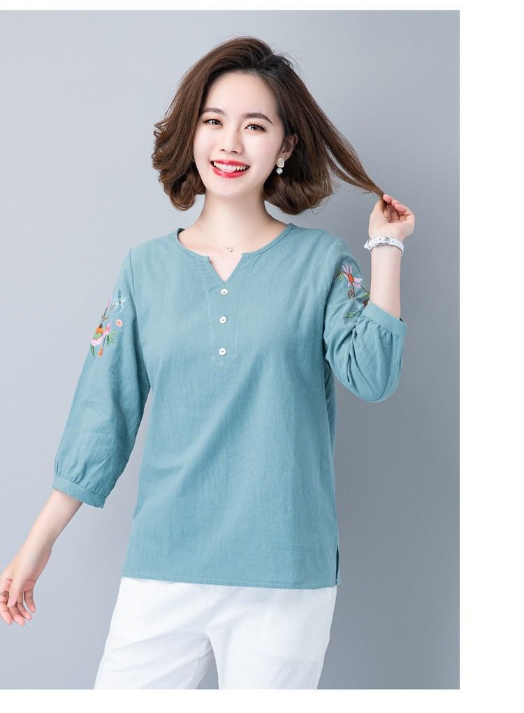 Title 6, Cotton And Linen Three-quarter Sleeve T-shirt W...