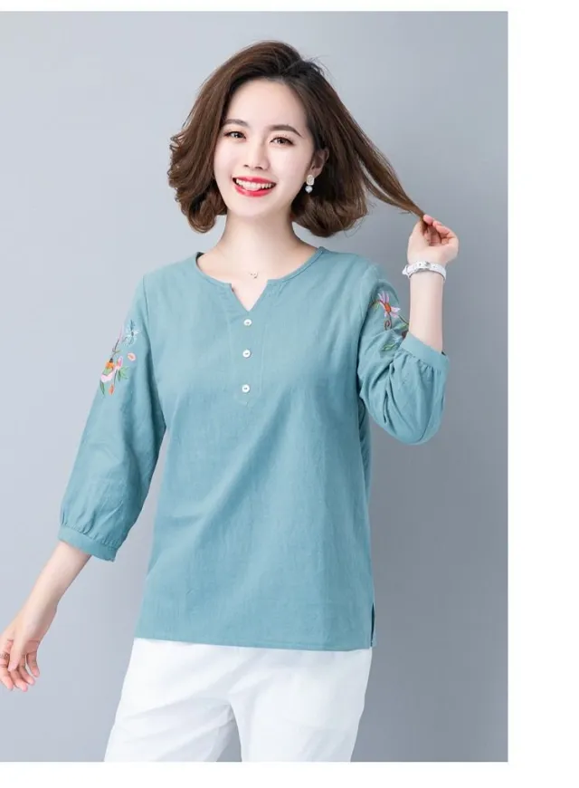 Cotton And Linen Three quarter Sleeve T shirt Women Blue - Shop at LoveMi