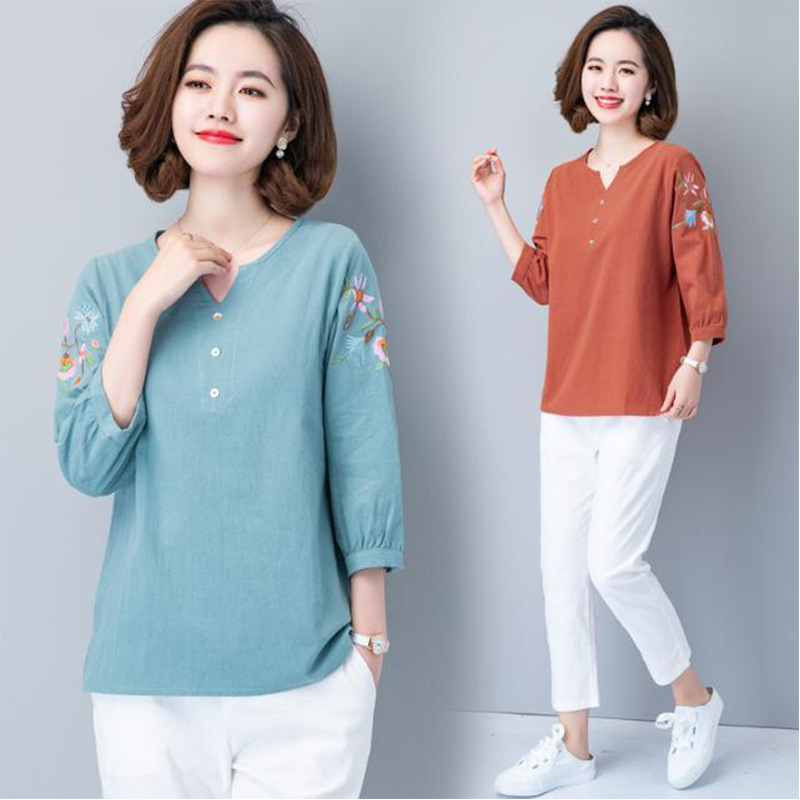 Cotton And Linen Three-quarter Sleeve T-shirt Women