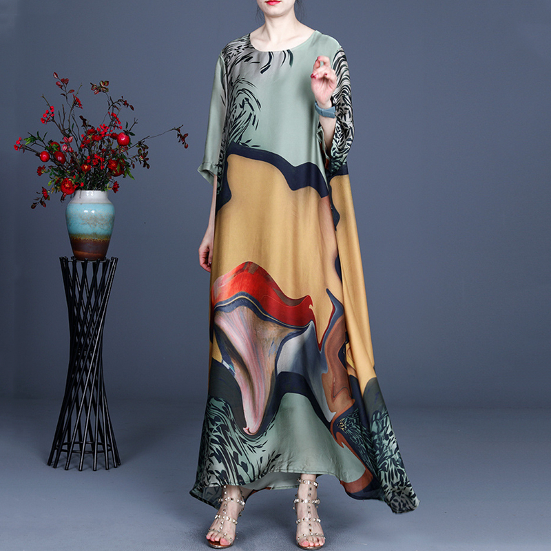 Printed Short-Sleeve Long Dress
