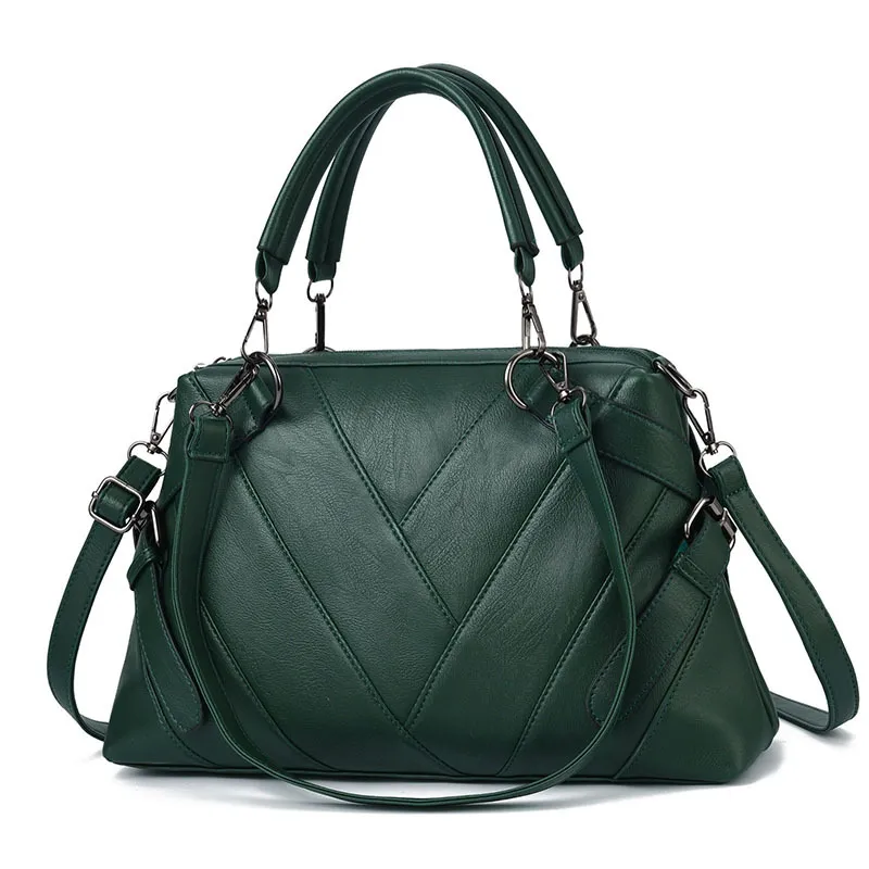 Fashion Handbag Soft Leather Hit Colour Large Capacity Ladies Shoulder Bag Tide - Green