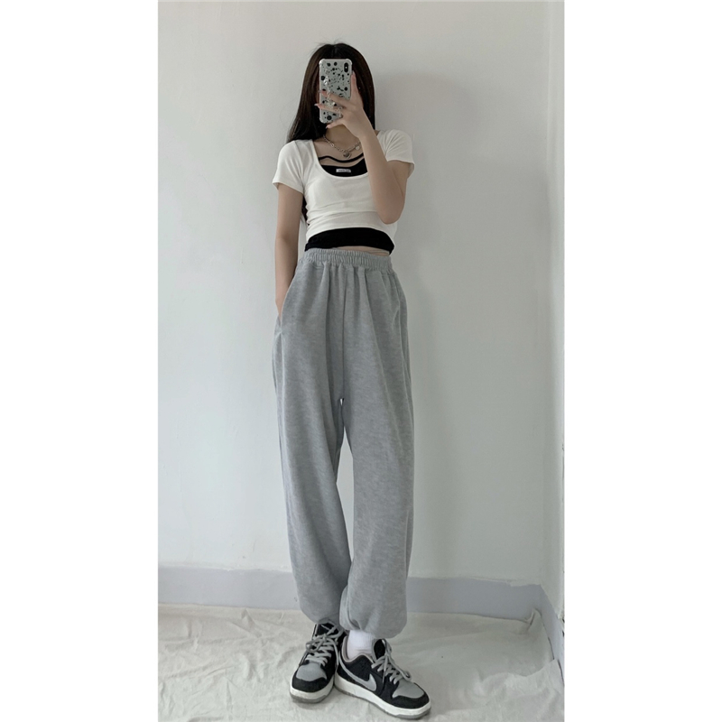 Title 10, Elastic High Waist Loose Slim Straight-leg Casu...