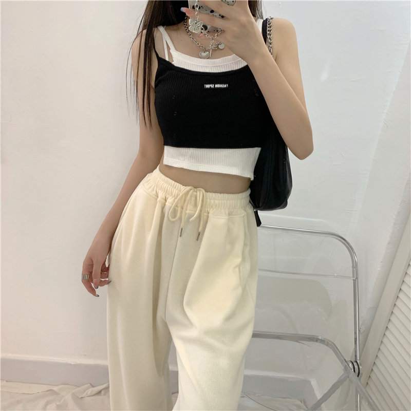 Title 3, Elastic High Waist Loose Slim Straight-leg Casu...