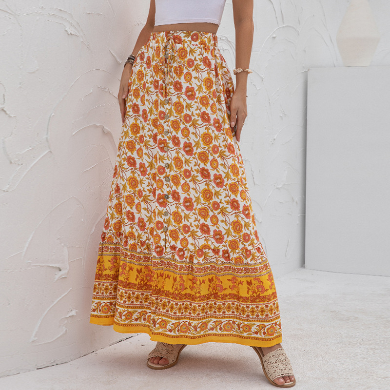 Women's New Product High Waist Printed Buttoned Split Skirt