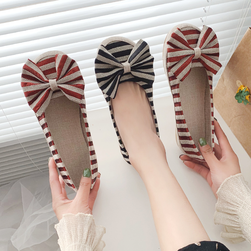 Single Shoes Korean Version Of All-match Linen Bow Flat Shoes Retro Women's Shoes Peas Shoes