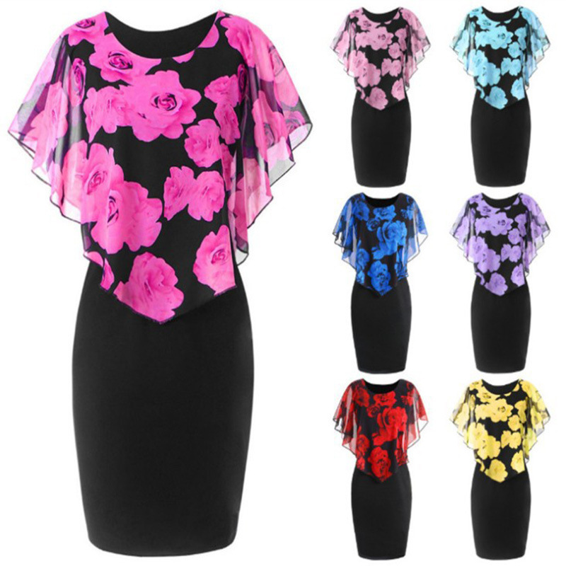 Rose Flower Print Shawl Slim Bag Hip Dress