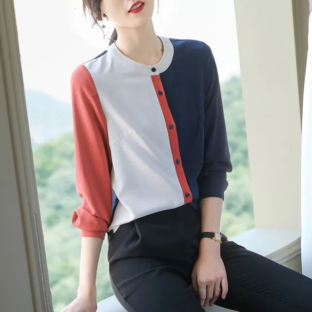 Long Sleeve Chiffon Shirt Plus Size Round Neck Ladies Shirt Orange - Shop at LoveMi