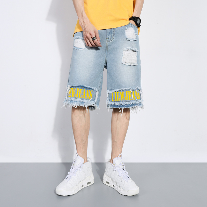 Denim Shorts Men's Trendy Loose Trend Tooling Beach Street Men's Short Pants Five-Point Pants