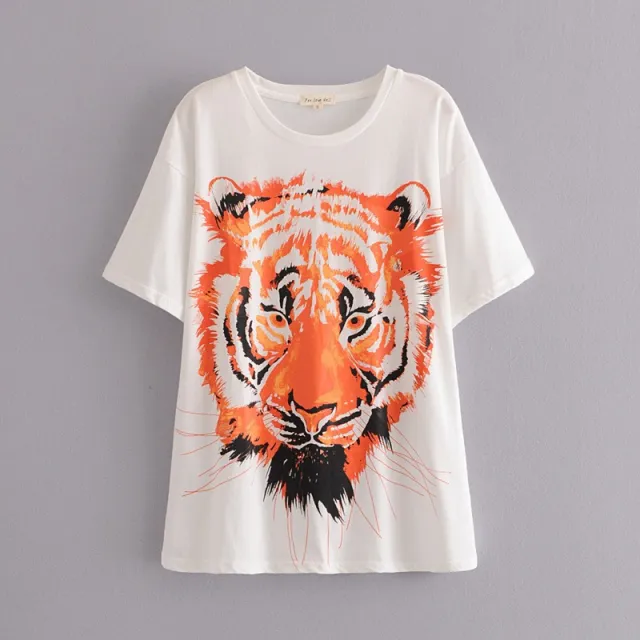 Turtleneck Short Sleeve Round Neck Loose Large Tiger Print Women's T shirt White - Shop at LoveMi