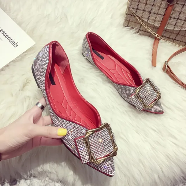 Womens Flats Shoes Ballet Dorsay Bling Bling Crystal Pointed Toe Red - Shop at LoveMi