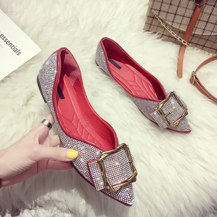 Womens Flats Shoes Ballet Dorsay Bling Bling Crystal Pointed Toe - Red