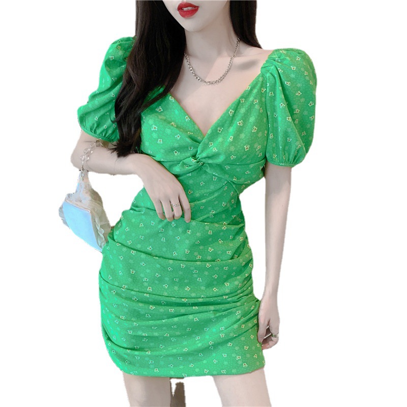 Thin Little Floral Chiffon Green Dress